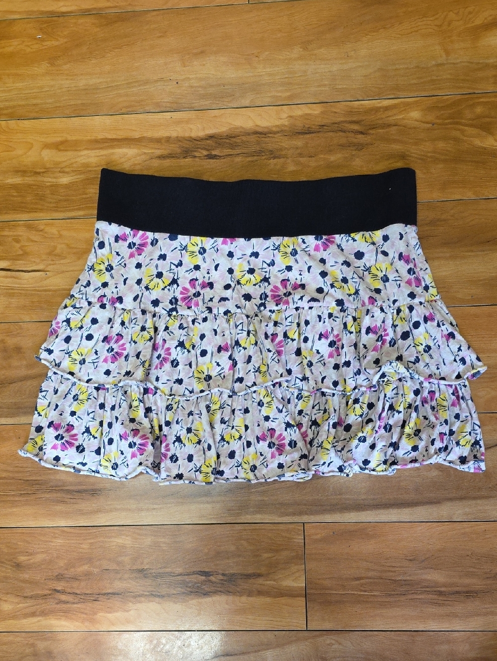 Free People Boho 2 Tiered Ruffled Elastic Waist Stretchy Floral Miniskirt Sz LG